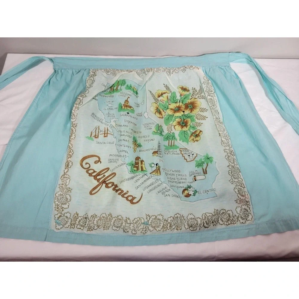 MCM  California Map Mid Century Half Apron Tie Back‎  Blue Green